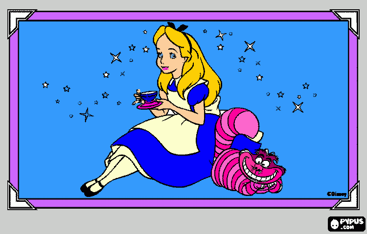 Alice in Wonderland with tea cup coloring page