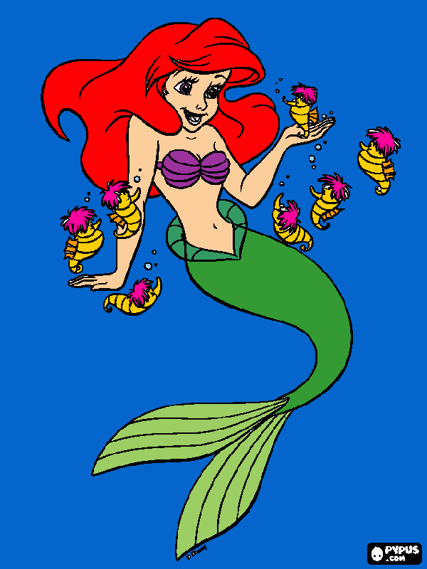 ariel with cute sea horses coloring page