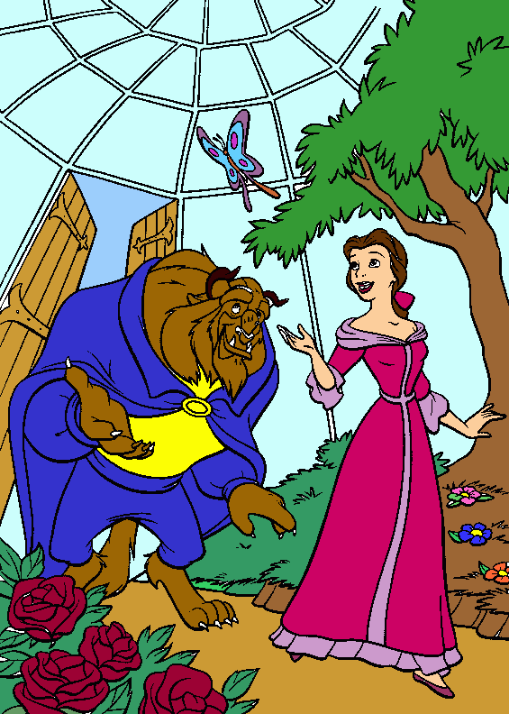 Beauty and the Beast in the castle's coloring page