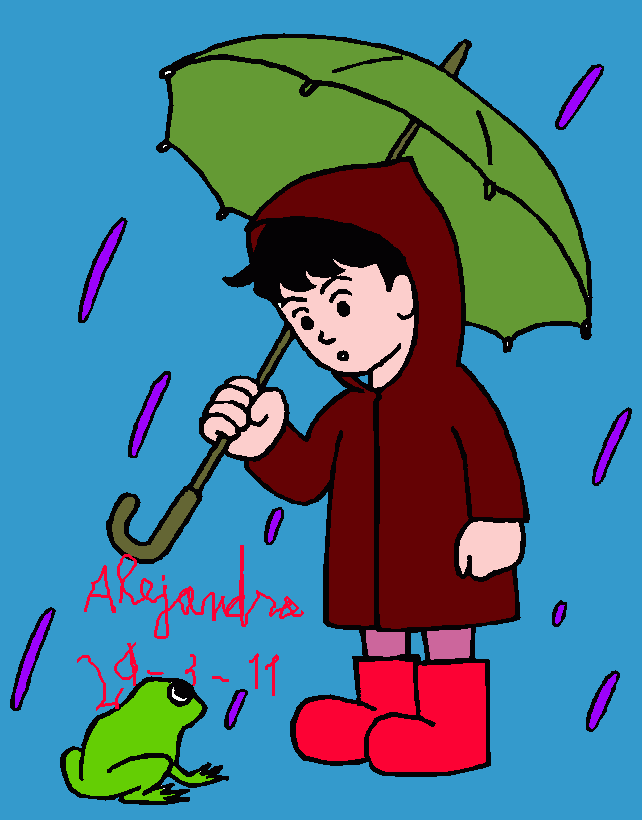 Boy with his umbrella and rain jacket under the spring rain coloring page