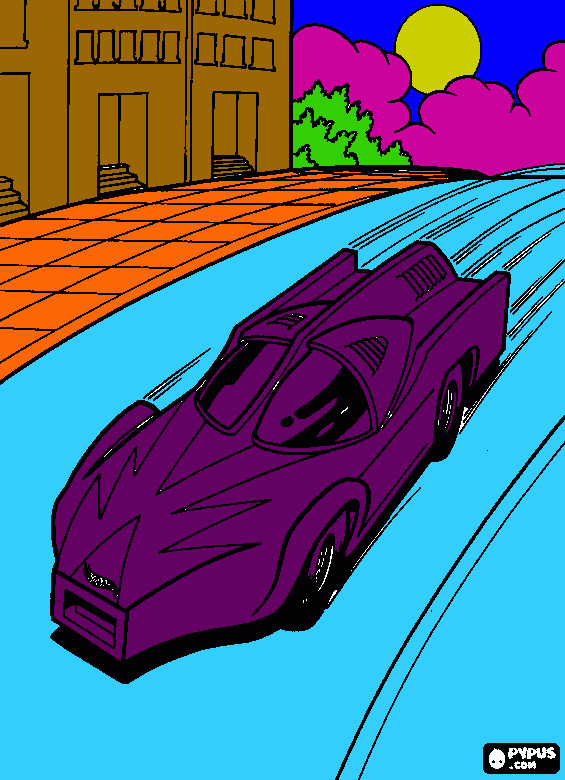 Car at extraordinary speed down a street, the sports car goes like a racing car Hot Wheels  coloring page