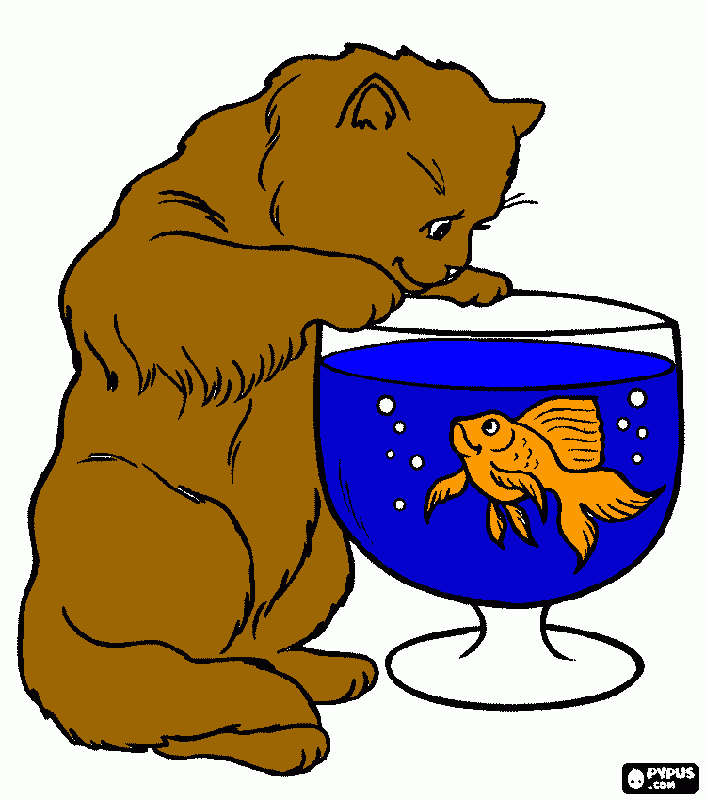 Cat Watching Fish in Fishbowl coloring page