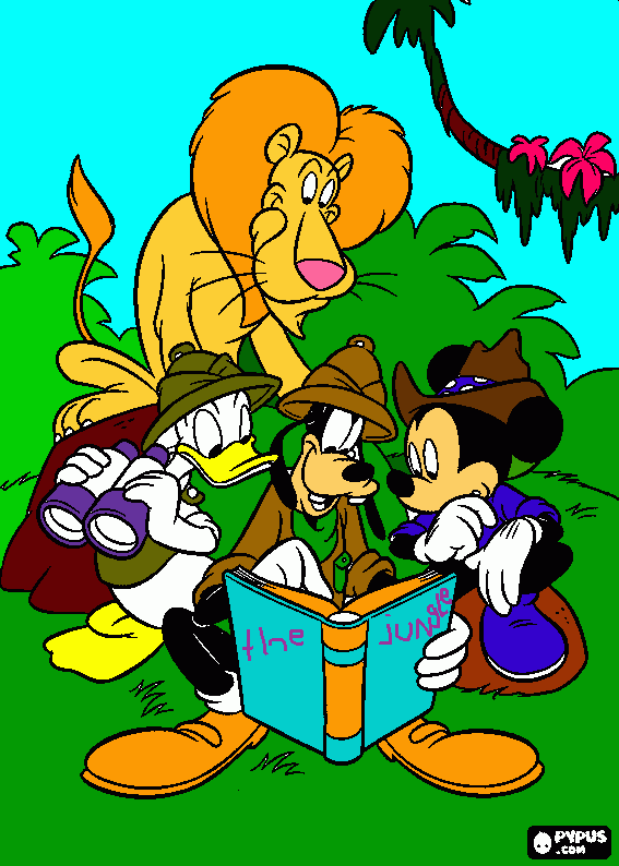 goofy mickey donald and friends at the jungle  coloring page