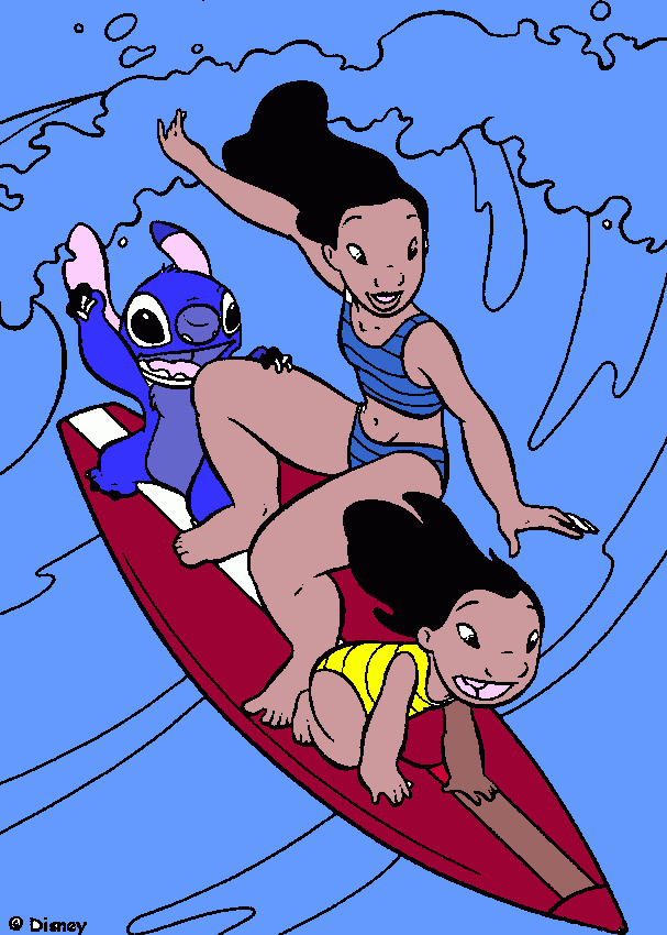 Lilo,Stitch surfing in the waves in Hawiian coloring page