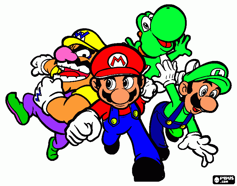 mario, yoshi wario and luigi coloring page