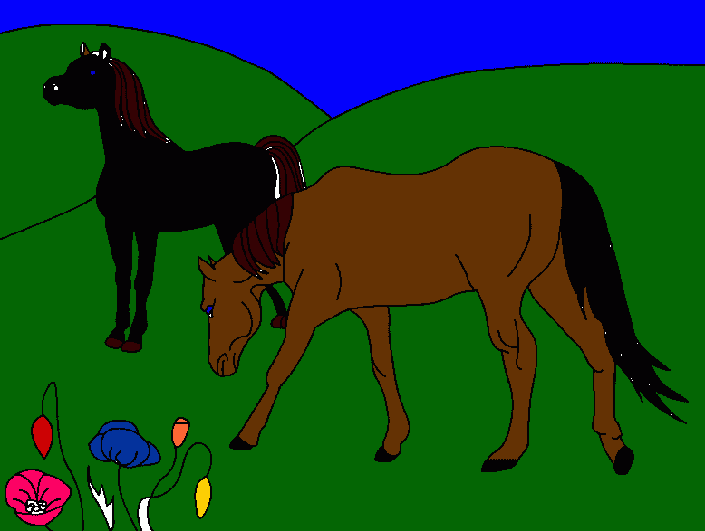 painted horses in the field.with pretty flowers coloring page
