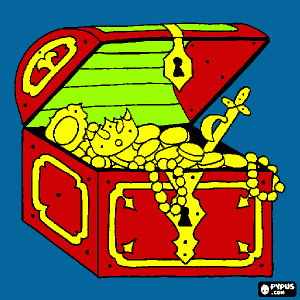 Pirate treasure, treasure chest full of jewels and coins  coloring page
