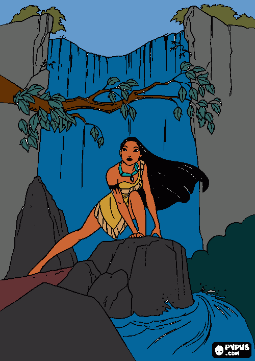Pocahontas crouching on a rock coloring page