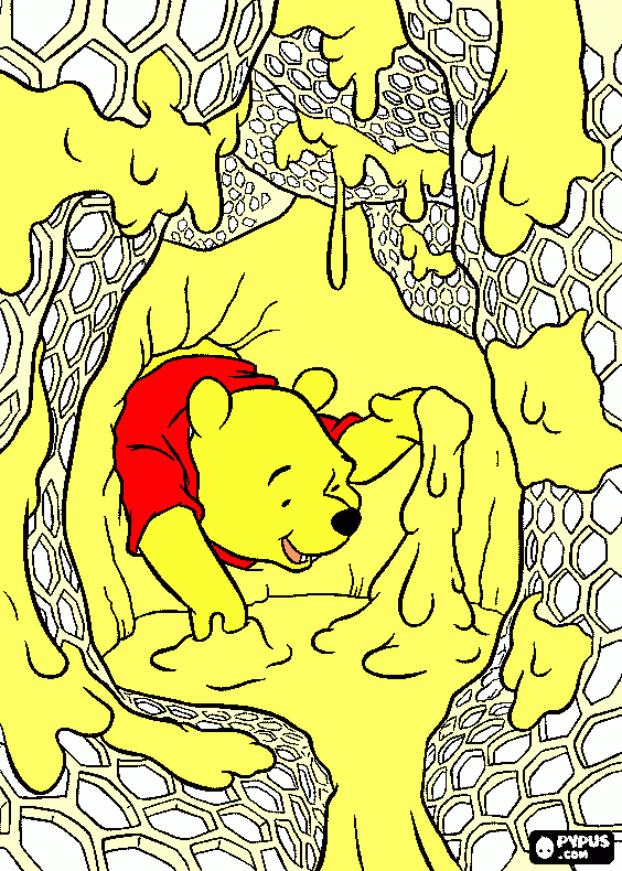 Pooh bear in the beehive coloring page