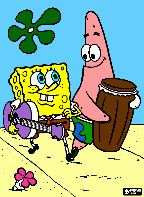 spongebob playing his purple guitar and patrick playing his drum coloring page