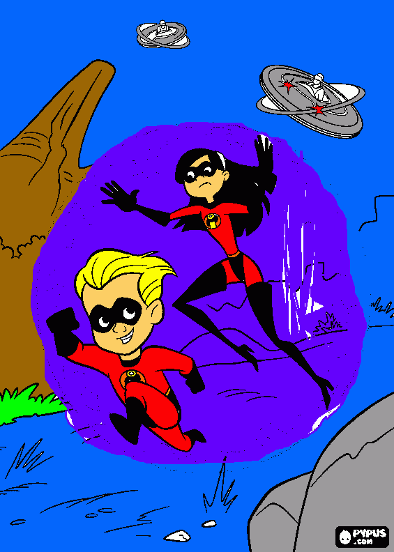 Violet and Dash being chased by Syndromes guards in the jungle will there in a force feild the violet mad coloring page