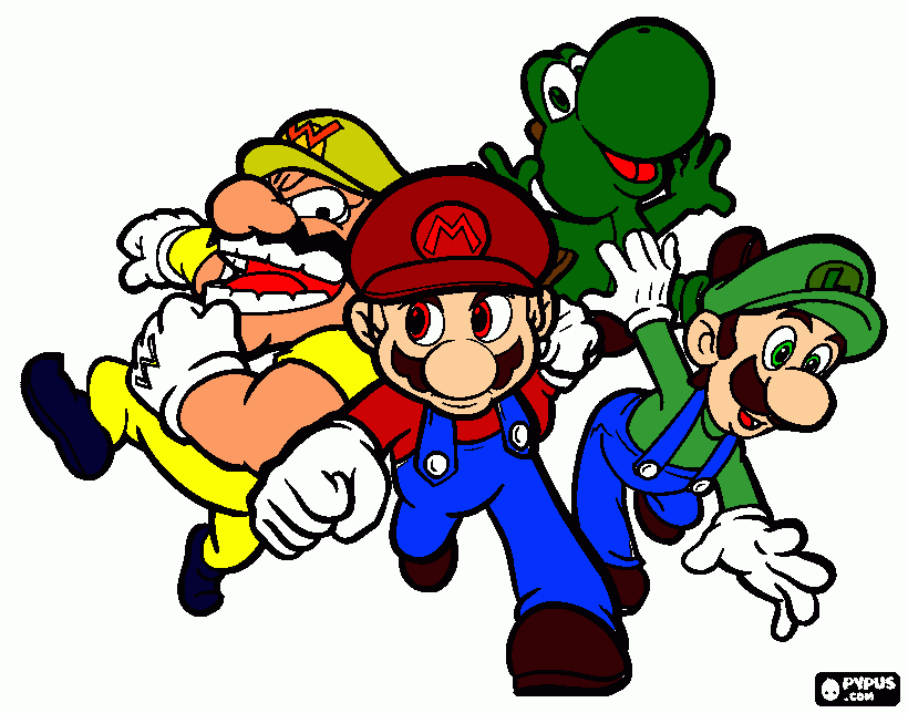 wario mario yoshi and luigi coloring page